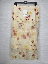 Sz XS L Zara ZW Collection Sheer Floral Midi Skirt Satin Effect Cream Women  s