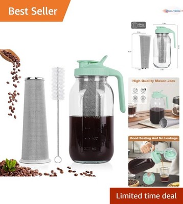 Cold Brew Coffee Maker Mason Jar 64oz Glass Filter Spill-Proof Green