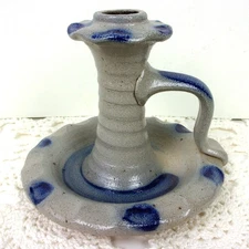 1989 Rowe Pottery Chamberstick Candleholder Cobalt Blue on Salt Glaze Stoneware