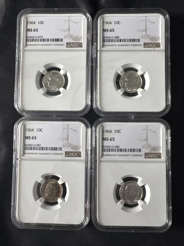 Lot of 4: NGC MS65 1964 ROOSEVELT DIMES! CONSECUTIVE SERIALS! TONER! 90% SILVER!