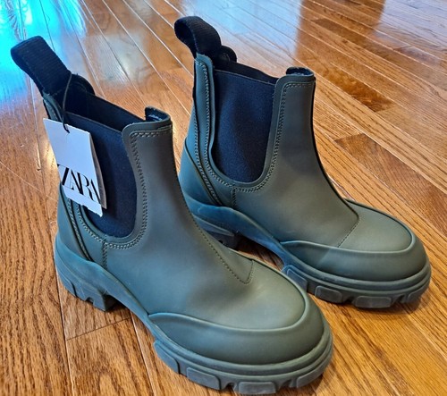 ZARA Women Rubberized Ankle Khaki Boots 