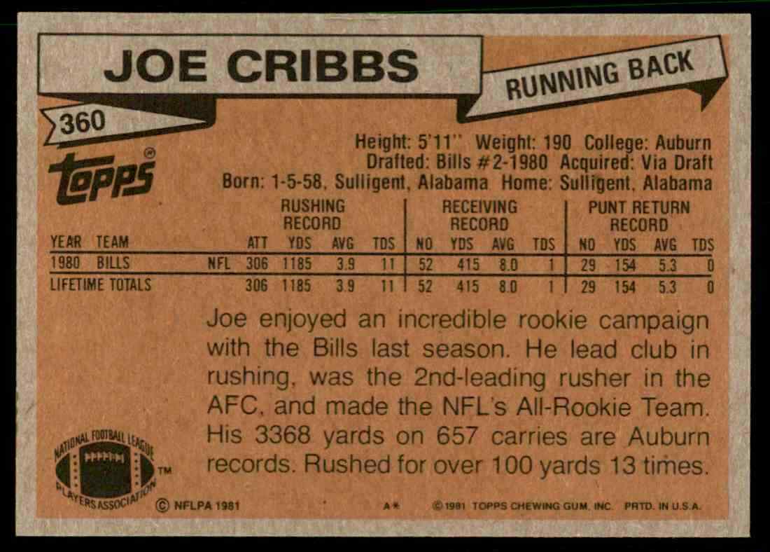 1981 Topps 360 Joe Cribbs ROOKIE Buffalo Bills / Auburn Tigers eBay