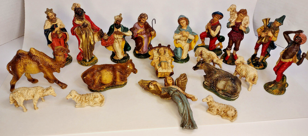 Nativity  Made In Italy 50's - Handmade Wooden Creche` 19 Figurines