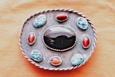 Vintage Sterling Silver Turquoise Multi Stone Hand Made Western Belt Buckle