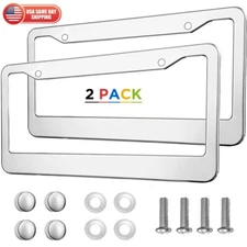 2PCS Chrome Stainless Steel Metal License Plate Frame Tag Cover With Screw Caps