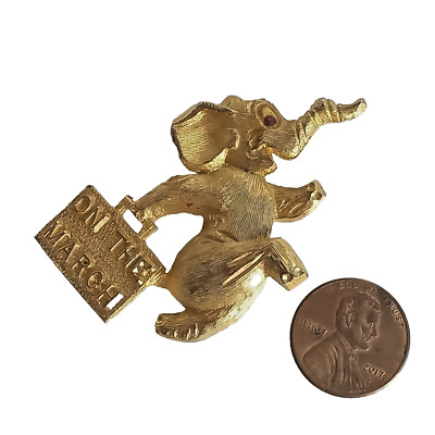 Vintage ArtCraft Gold Tone ''On the March'' Elephant Brooch Red Eye & suitcase 2''