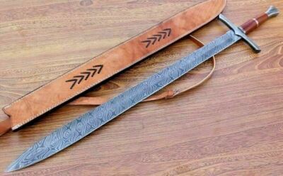 DAMASCUS STEEL SWORD DAGGER LONG SWORD WITH LEATHER SHEATH FULL TANG SWORD