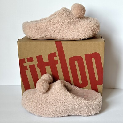 FitFlop Shuv Pom Pom Clogs Women’s Size Beige Pink Shearling Wool Mule  Slipper