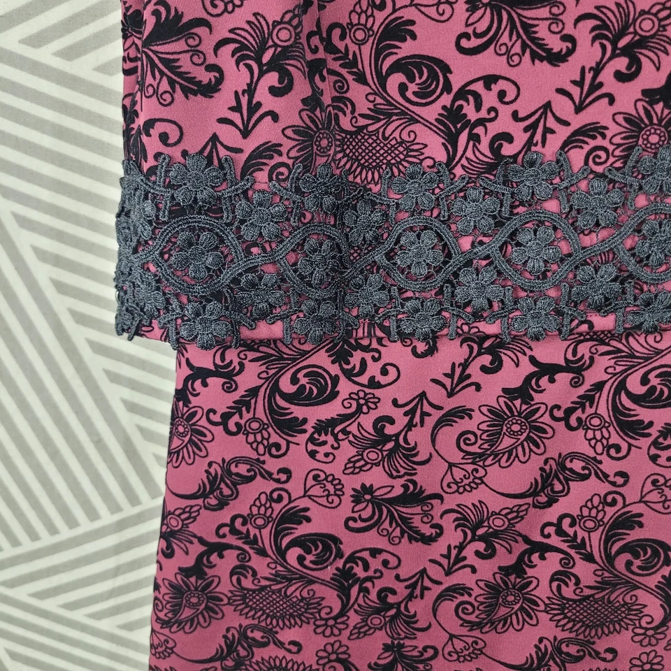 Jax Velvet Jaquard Dress Size 10 Black Knee Length Burgundy Wine Red Lace Party - Image 3 of 4