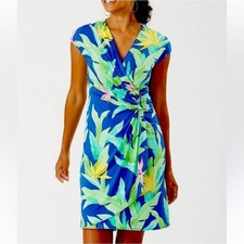 Tommy Bahama Faux Wrap Sheath Dress Small Blue Tropical Floral Bird of Paradise
