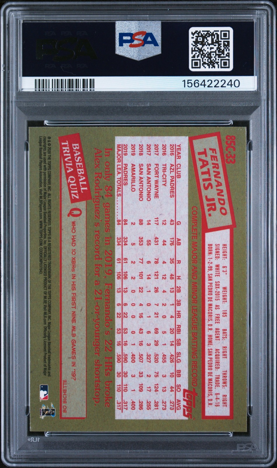 2020 TOPPS SILVER PACK 1985 CHROME PROMO #33 FERNANDO TATIS JR. PSA 10 view 2