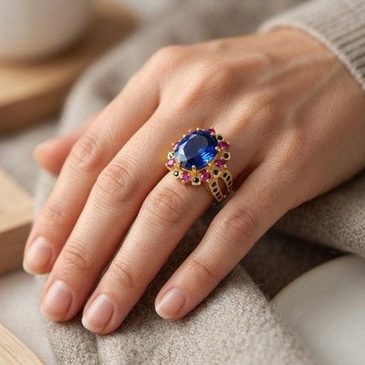 Opulent Royal Blue Sapphire 12.20Ct 925 Sterling Silver 24K Gold Handmade Rings