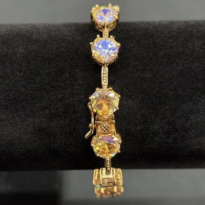 UTC 925 Sterling Silver Gold Heart Cut Matrix Mystic CZ Link Tennis Bracelet 8 