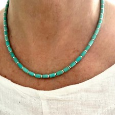 4mm Arizona Turquoise Heishi Necklace Blue Green Gemstone Choker Sterling Silver