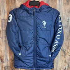 U.S. Polo Assn Coat Boys Large 14/16 Navy Down Puffer Hooded Full Zip 3 USPA