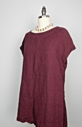 Bryn Walker 100% Linen Burgundy Crewneck Tunic/Dress Hi-Low Hem Sz S Made USA