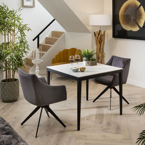 Compact 2 Person Dining Set - White Ceramic Marble Table - Carver Dining Chairs - Picture 3 of 8