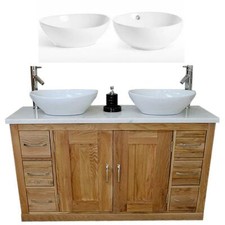 Solid Oak Bathroom Vanity Unit Cabinet Twin Ceramic Bowl Basin White Marble 02B