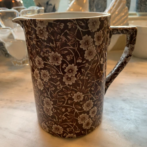 VINTAGE Crownford Staffordshire England Brown CALICO MEASURING CUP Pitcher 24oz