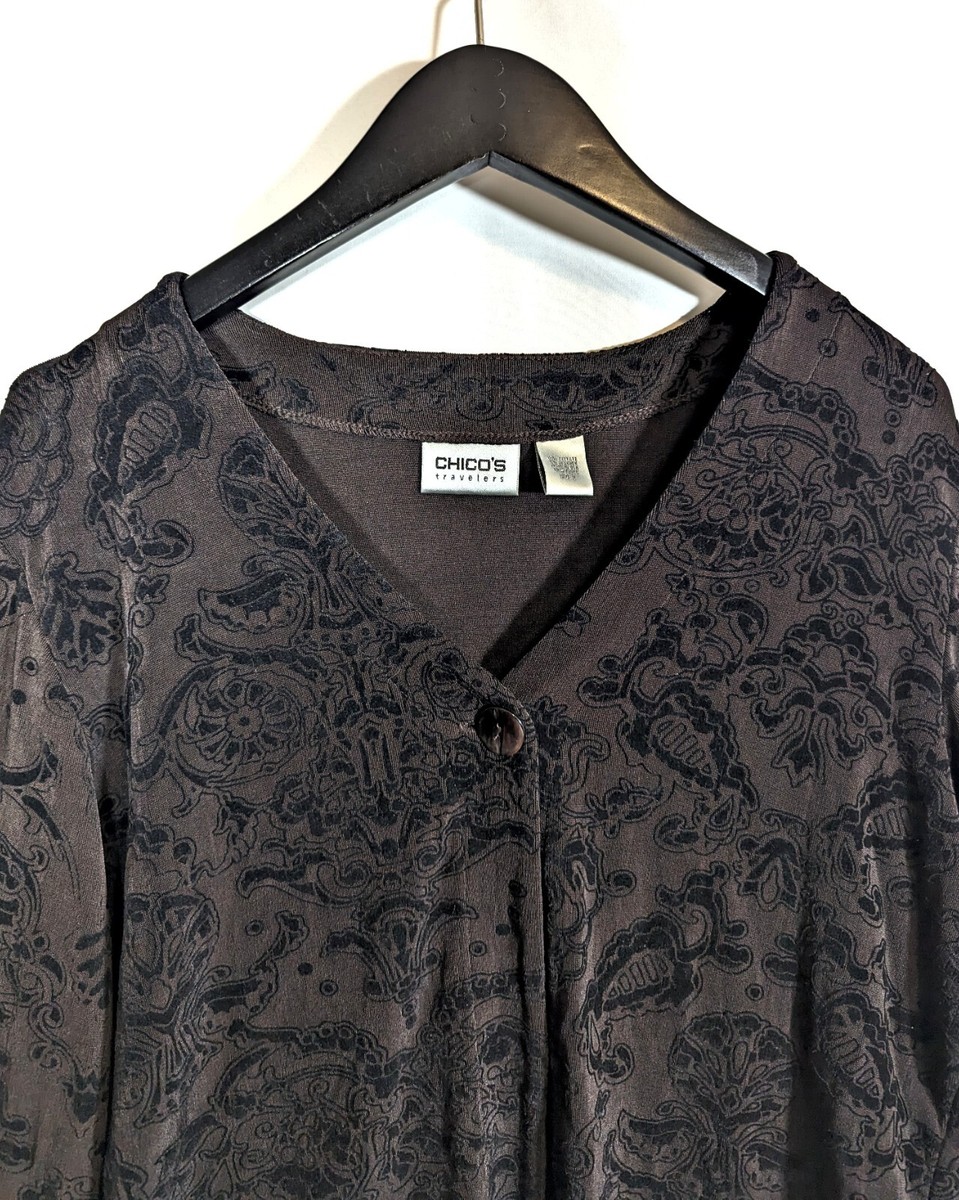 Blouse Chico's Travelers XL - Mousseline, Noir/rouge, Imprimé Floral, Burnout Velvet, Bohème