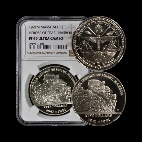 MARSHALL ISLANDS. 5 Dollars, 1991, M - NGC PF69 - Top Pop 🥇 Pearl Harbor 50th