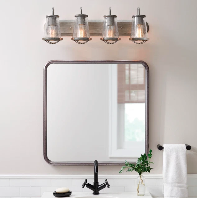 Tocador rústico Georgina 30" 4 luces hierro desgastado, vidrio sembrado y detalles de jaula Foto 2 de 4