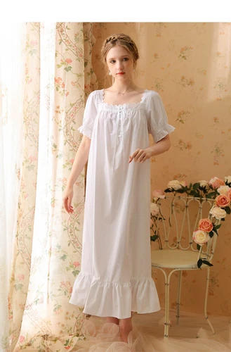 Damen Baumwolle Nachthemd Kurzarm eckiger Ausschnitt Pyjama Schlafkleid - Bild 23 von 34