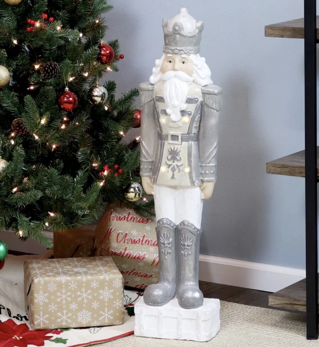 Silver Winter Nutcracker King Oversized Figurine With LED Lights 36.5” Tall!
