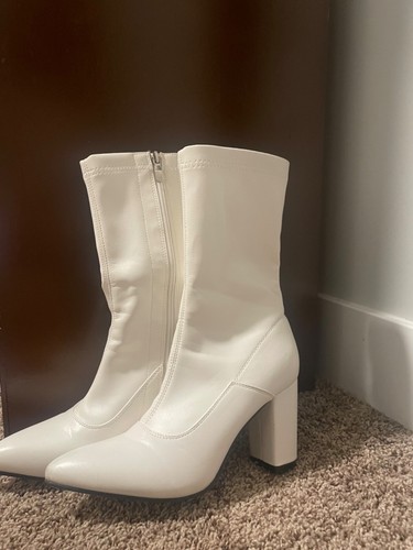 White Fashionable SHEIN Mid Calf Boots Chunky Heel, Faux Leather 8.5 US