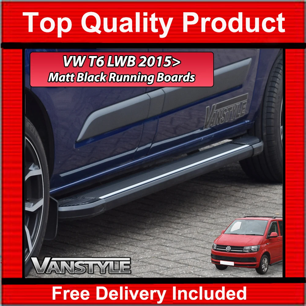 FOR VW T6 CARAVELLE 15 SIDE STEPS LWB BLACK TRANSPORTER RUNNING
