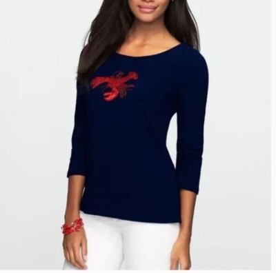 TALBOTS Plus 100% Pima Cotton Navy  Beaded Sequin Lobster Design Top Blouse 1X