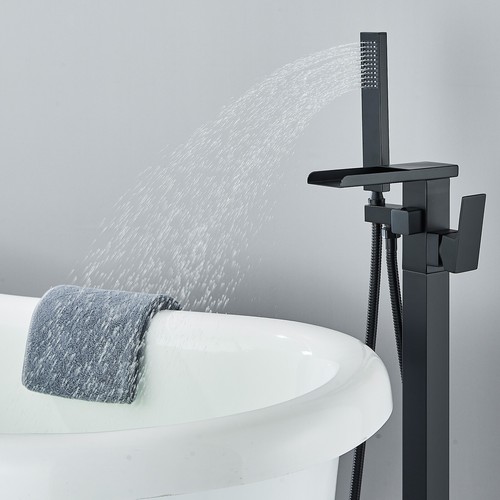 Black Waterfall Tub Filler Freestanding Bathtub Faucet with Shower Floor Mounted - Picture 5 of 13
