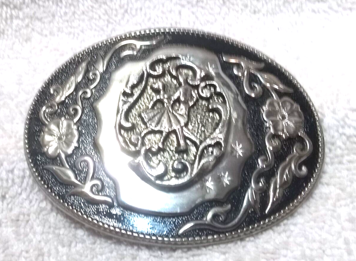 Silver Black Engraved Flower Leaf Square Dancing Belt Buckle 