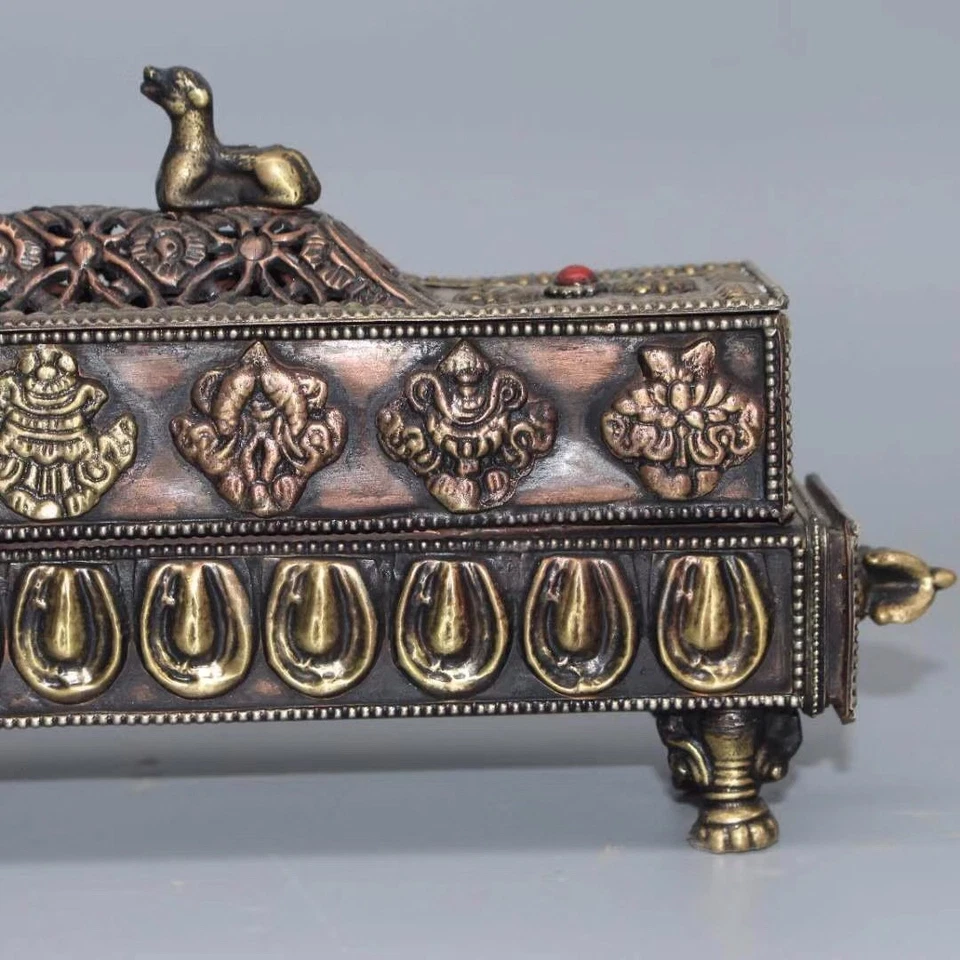 Antiguo quemador de incienso chino budista tibetano rojo bronce hecho a mano Foto 2 de 4