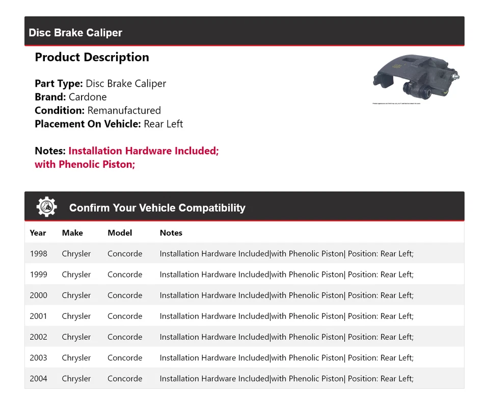 Pinza de freno de disco trasera izquierda cardone 1999 2000 para Chrysler Concorde 1998-2004 Foto 2 de 4