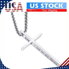 Men Women Cross Necklace Stainless Steel Christian STRENGTH Pendant Chain 24"