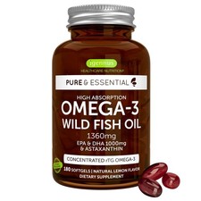 "Ultra Pure Omega 3 Fish Oil 1360mg, EPA DHA 1000mg, Astaxanthin, 180 Softgels"