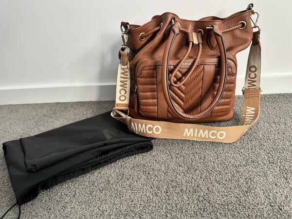 Mimco Zeppelinn Satchel Brown Leather Drawstring Top Handle, Strap & Dust Bag