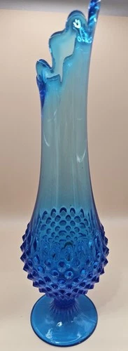 Fenton Blue Glass Swung Vase 20.5 " Hobnail Pedestal Base Vintage MCM Stunning