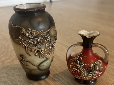 Two Vintage Mini Dragon Vases Japanese Stamped 
