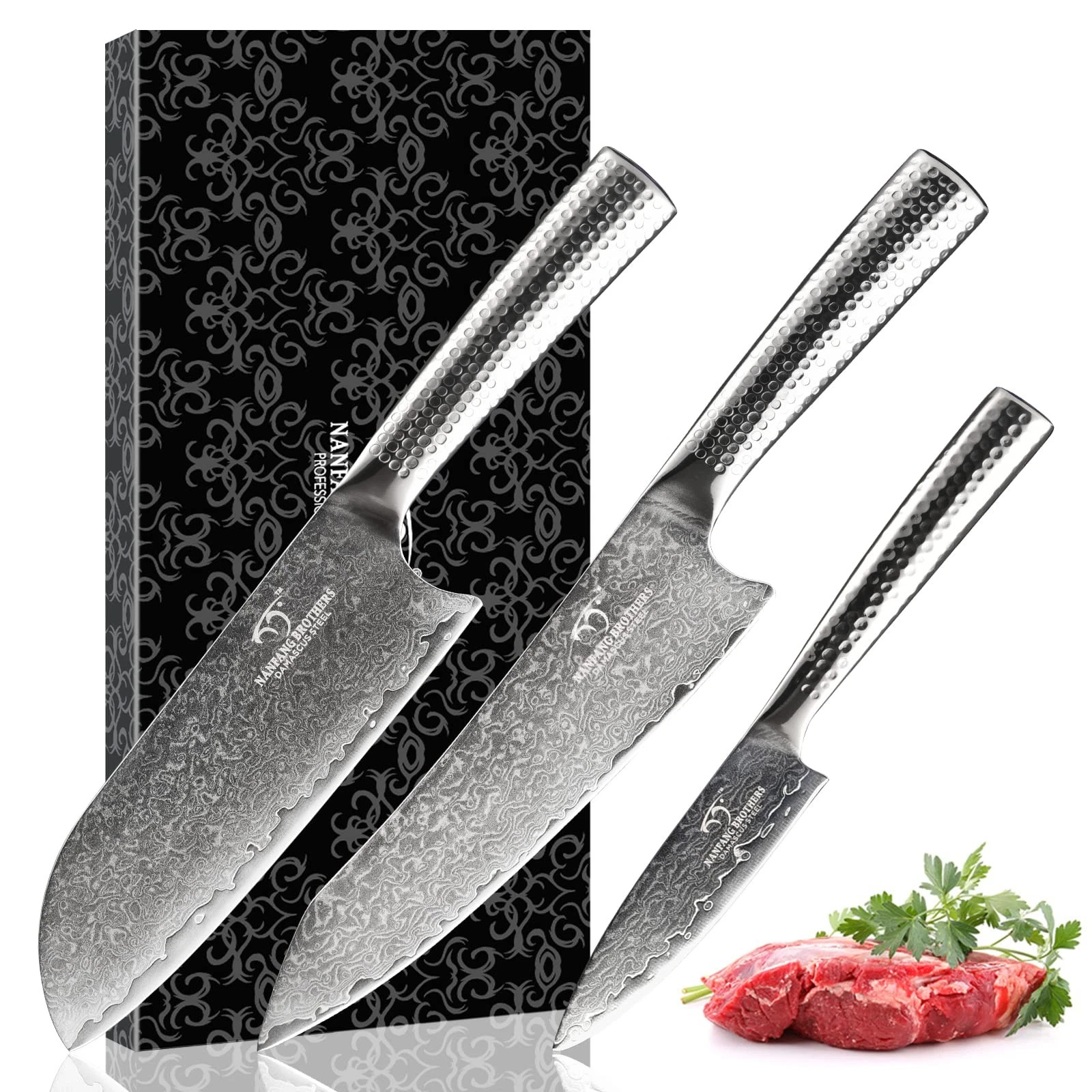 3 Pieces Damascus Kitchen Set with 8” Chef , 7” Santoku , 3.5” Paring , 67 La...