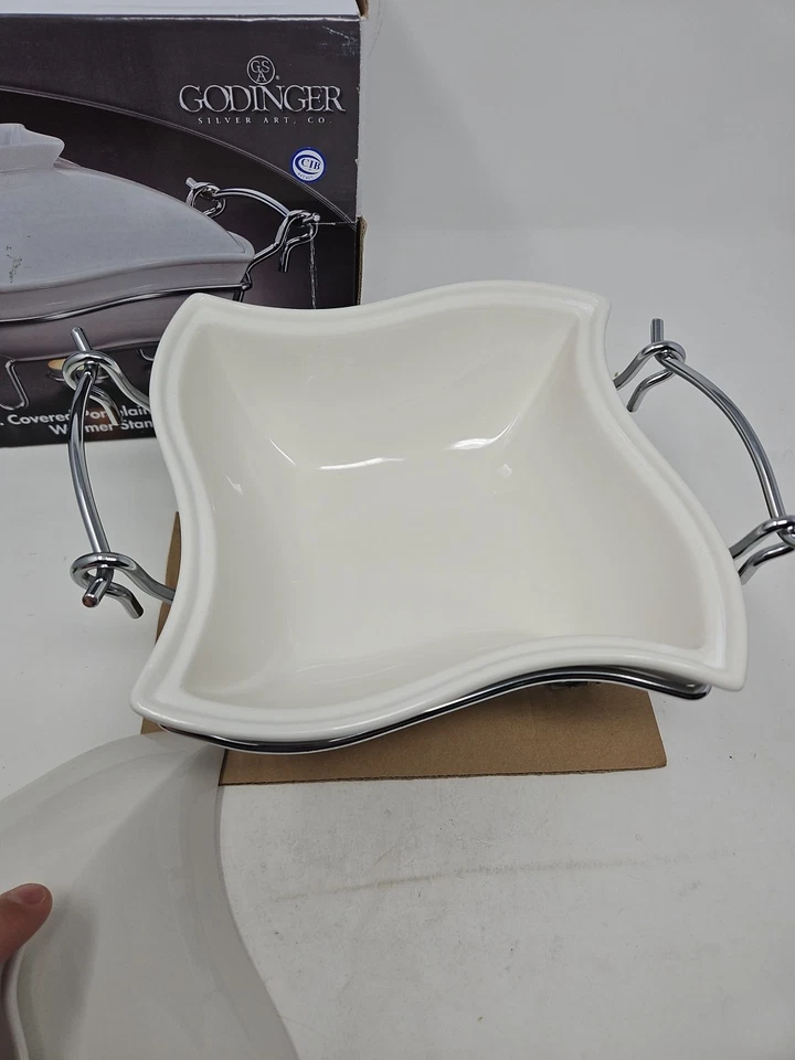 SIENNA by GODINGER White Ceramic Covered Chafing / Casserole Dish & Metal Stand - Image 4 of 4