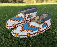 Native Regalia Beaded Powwow Moccasins White Geometric Beads Leather MC628