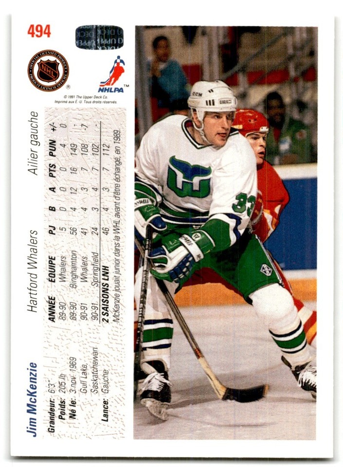 1991-92 Upper Deck Jim McKenzie Rookie Hartford Whalers #494 | eBay