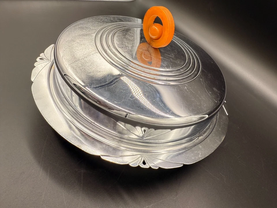 Plato de servir vintage Art Deco cromado con mango de baquelita naranja - MCM de 1930 Foto 3 de 4