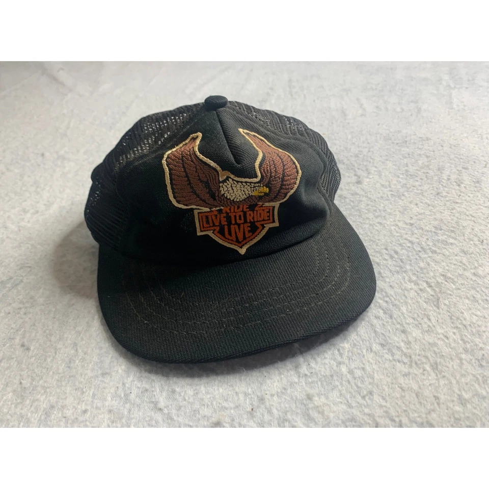 Vintage 80s Black Trucker Hat Eagle Ride Live to Ride USA Made Harley davidson - Image 3 of 4