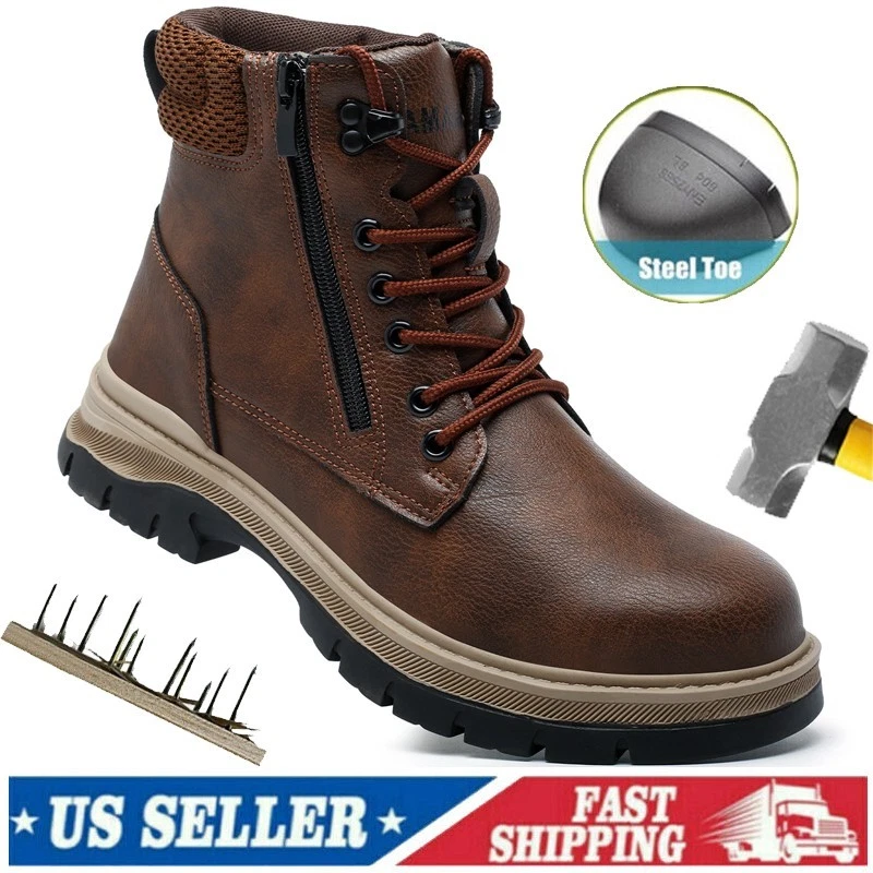 Mens Work Boots Steel Toe Safety Shoes Non Slip Boots Leather Waterproof Boots