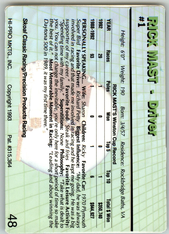 Rick Mast - 1993 Action Packed - #48 - Racing - Image 2 of 2