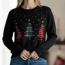 Karen Scott Size Medium Black Plaid Christmas Tree Applique Sweater