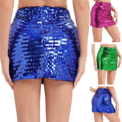 Womens Miniskirt Shiny Skirt Sequins Dress Stage Elastic Waistband Party  Dance